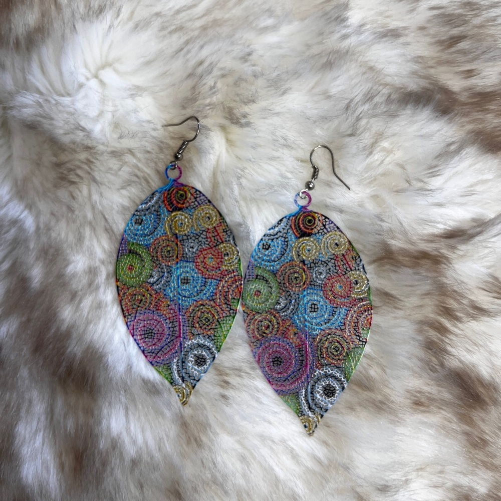 Colorful Swirl Patterned, Leaf-Style Earrings with Hooks